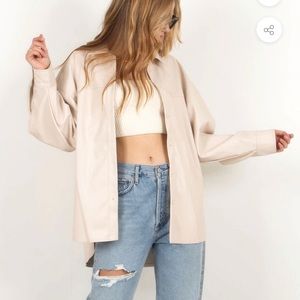 Faux leather button down shirt jacket